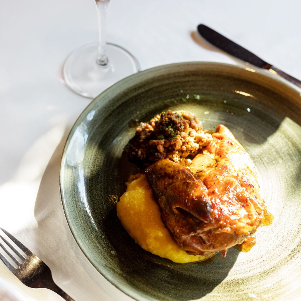 <tc>Faraona arrosto con salsa peverada.</tc>